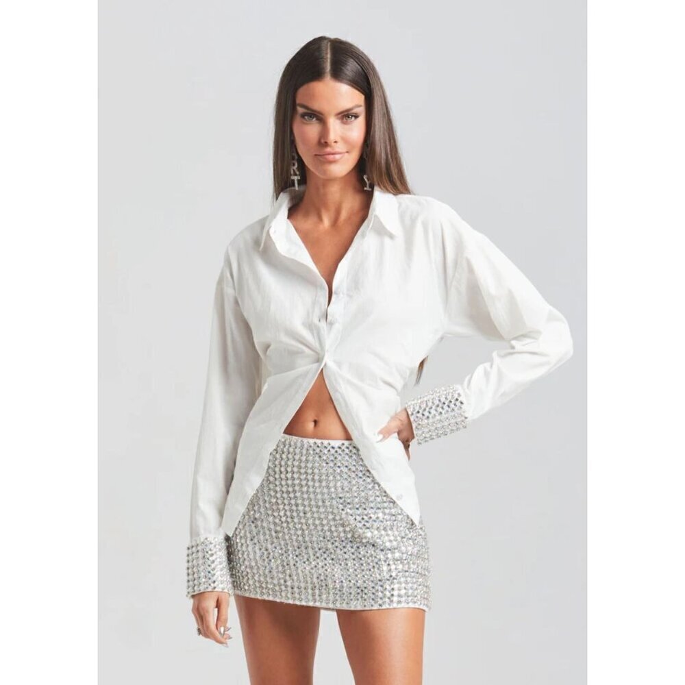 Retrofete Katie Rhinestone Cuff Button Down Top White Silver Womens Size Small